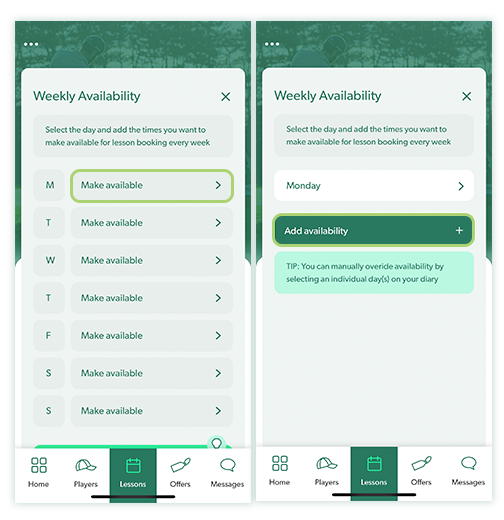 Avaiable All Week Set weekly availability - Lesson Pro
